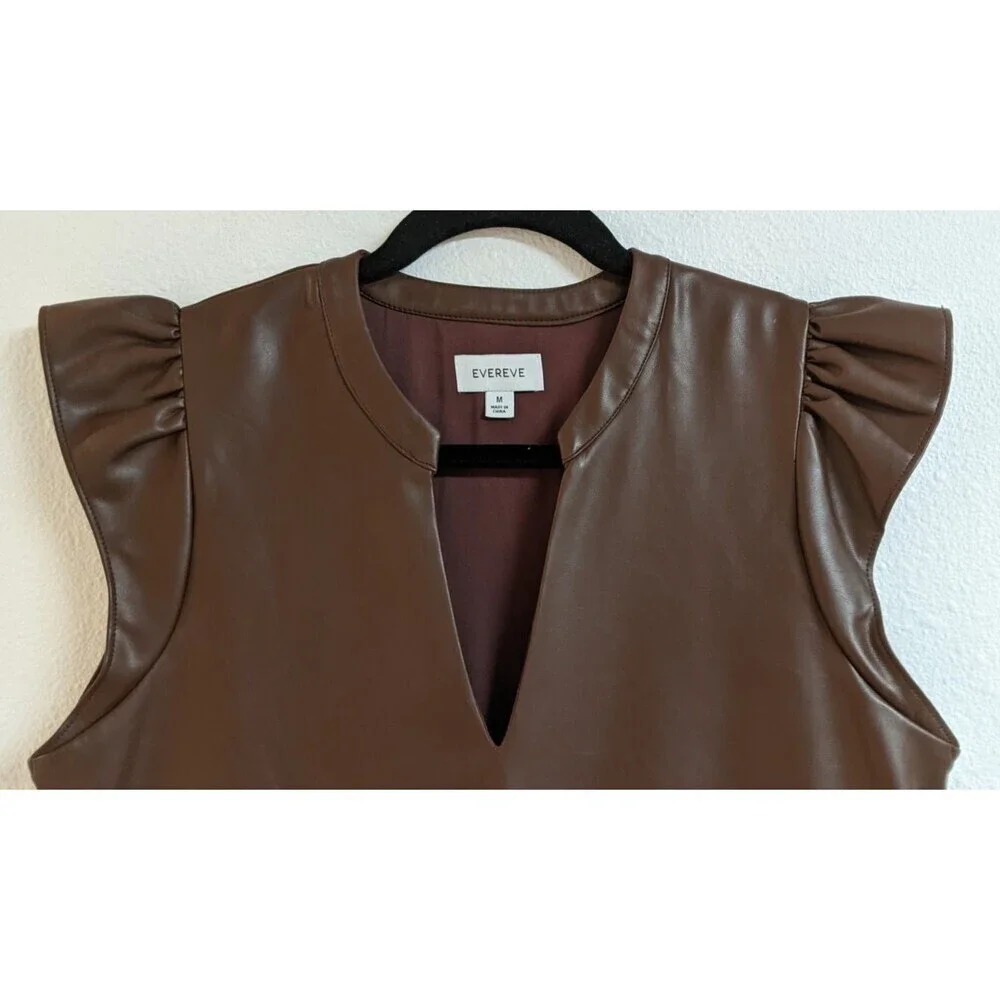 NEW~Women's EVEREVE Ella Brown Faux Leather Tiered Shift Dress M - Picture 6 of 12